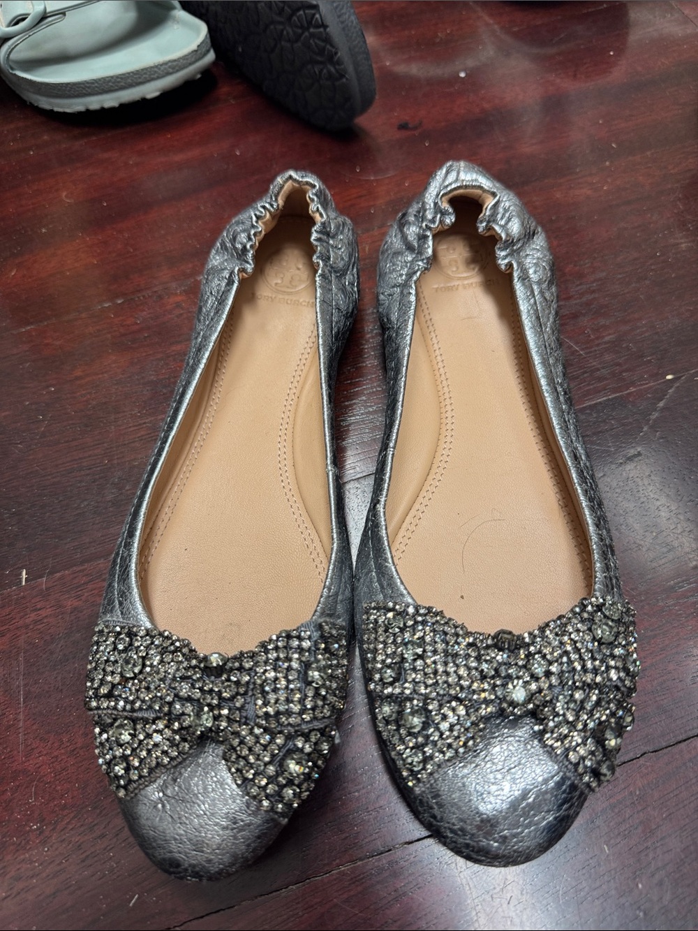 Tory Burch Metallic Gunmetal Crystal Bow Ballet Flats